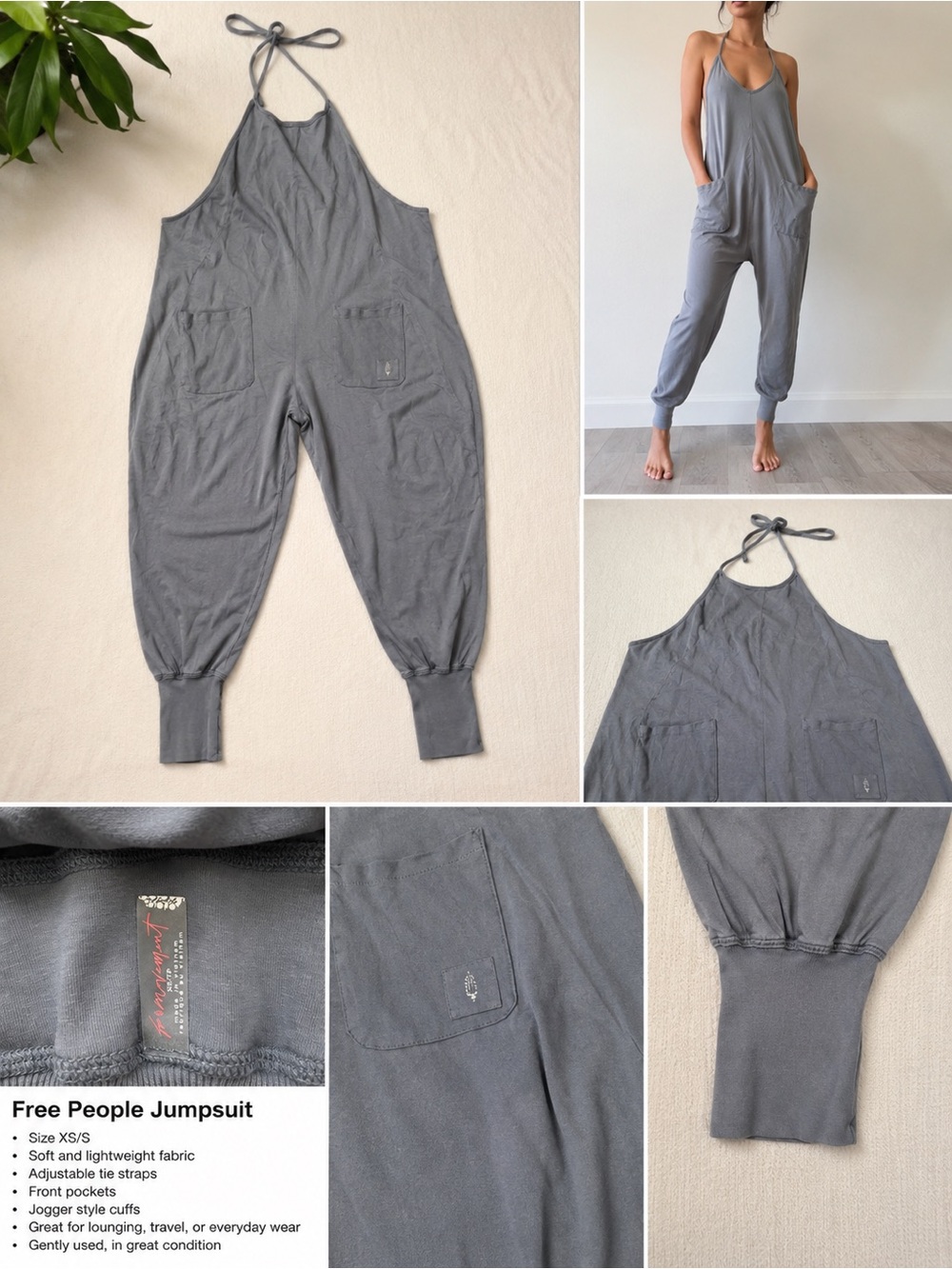 Free People Gray Halter Jumpsuit with Pockets